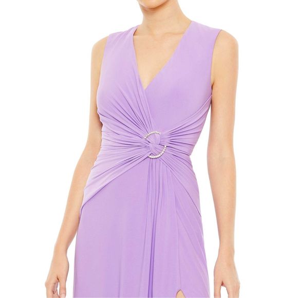 MAC DUGGAL DRAPED SIDE KNOT JERSEY GOWN W/ RHINESTONE RING - Picture 3 of 10